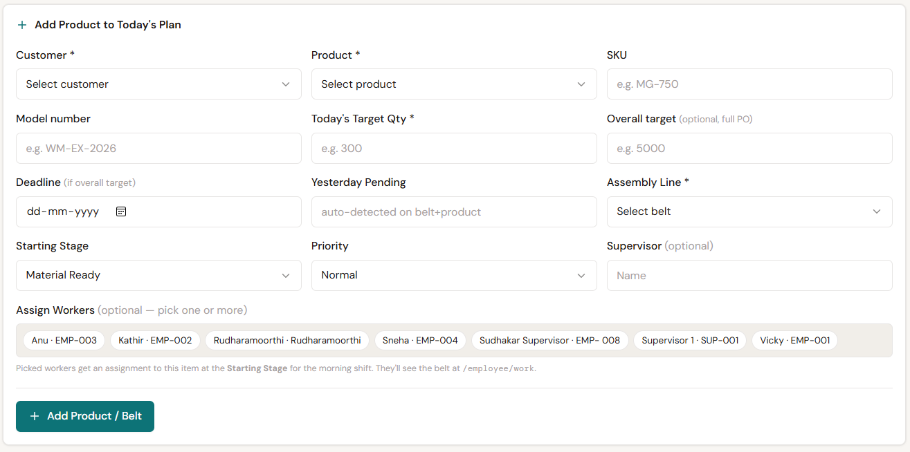 Aplix daily planner: add a product to today's plan with customer, target quantity, assembly line, starting stage and worker assignment